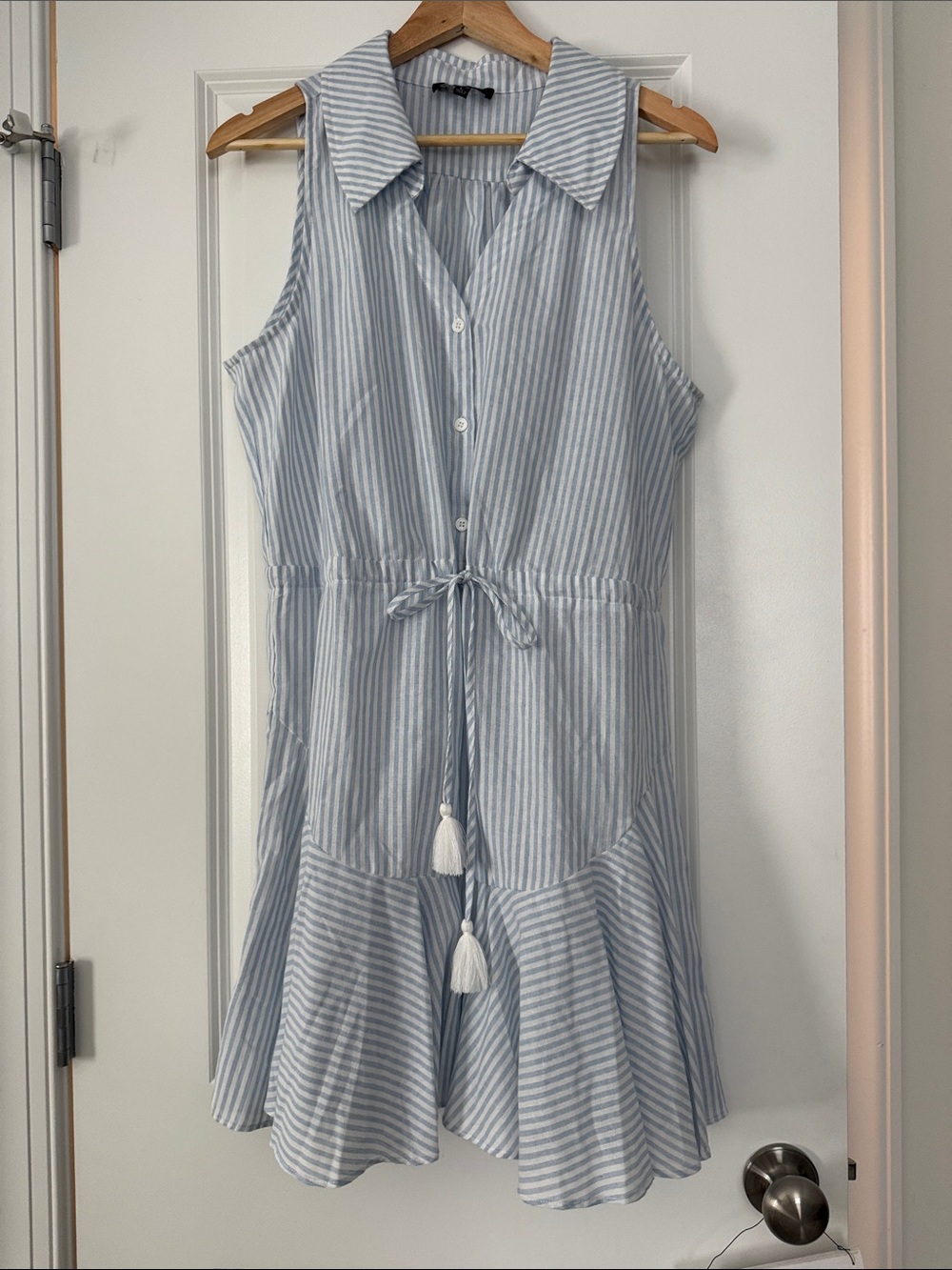 Women’s Light Blue Striped Sleeveless Shirt Dress with Tassel Tie